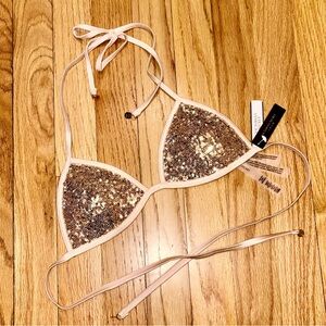 ✨ VICTORIA’S SECRET Swim ✨ Pink & Gold Sequin Triangle String Bikini Top Size XS